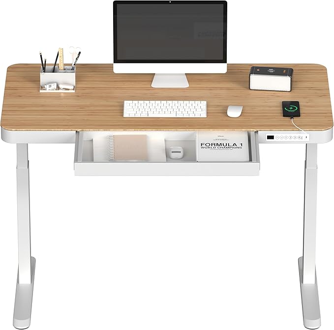 FLEXISPOT Electric Standing Desk with Drawer Storage Adjustable Height Quick Assembly Table w/USB Charge Ports, Child Lock （Natural Desktop + White Frame）