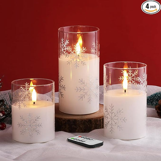 Clear Snowflakes Christmas Flameless Candles with Remote, Flickering Battery LED Pillar Candles Set of 3