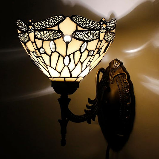 Tiffany Wall Sconce Lamp Blue Stained Glass Flower Style 8X10.5X11 Inch Plug in Wall Bedside Light for Hallway Bedroom (Amber Dragonfly Style)