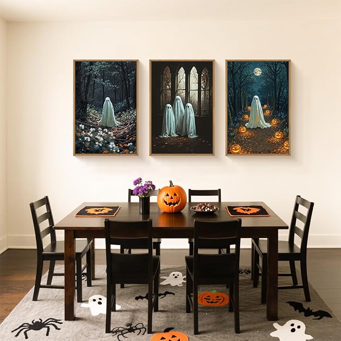 3Pc Halloween Cute Ghost Framed Wall Art Set, Scary Forest and Pumpkin Wall Decor, Horror Moon Night Wall Painting, Gothic Spooky Art Print for Living Room, Bedroom, Party, Basement 24×36inch