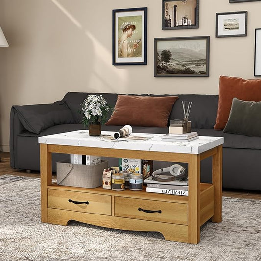 Coffee Table 40" Faux Marble 2-Tier Modern Wooden Rectangle Center Table with Drawers for Living Room, Conference Room, Thickened Top, Small Space Home Furniture (Natural Oak with Storage)