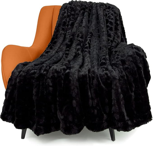TOONOW Faux Fur Luxury Throw Blanket,Double Side Soft Fluffy Shaggy Fuzzy Blanket for Couch Sofa Bed (Black, Throw)
