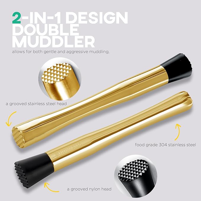 Homestia Muddler for Cocktails Set, 304 Stainless Steel 10" Bar Muddler &12" Cocktail Spoon & Double Jigger, 3 PCS Cocktail Set for Margaritas, Mojitos and Fruit Drinks Bar Tool Set (Gold)