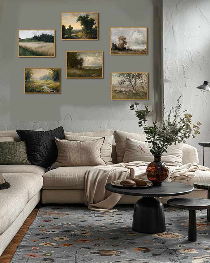 KISSFOX Vintage Landscape Canvas Wall Art Spring Nature Meadow Stream Wildflowers Tree Framed Wall Art Farmhouse Cottagecore Art Prints Artwork For Living Room Bedroom Kitchen