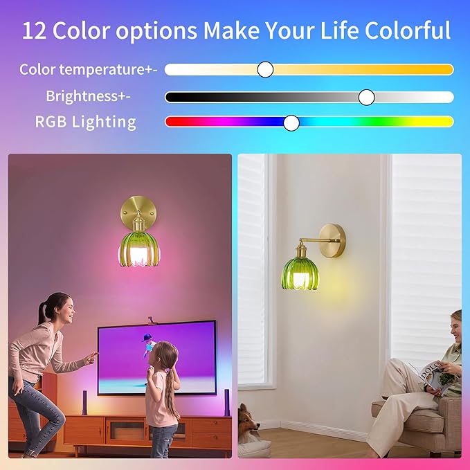 Vintage Battery Operated Wall Sconce 1 Pack, Green Tulip Glass Shade Gold Wall Lamp with 12 Inch Cable Switch, Modern Bathroom Wall Sconces for Bedroom Corner Hallway