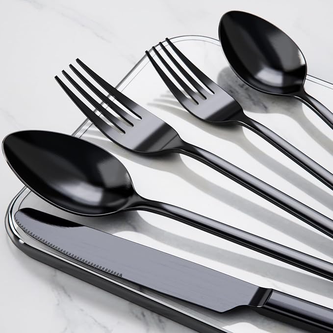 KINGSTONE Black Silverware Set, 40 Piece Flatware Set for 8, 18/10 Stainless steel Cutlery Set for Home Kitchen and Restaurant
