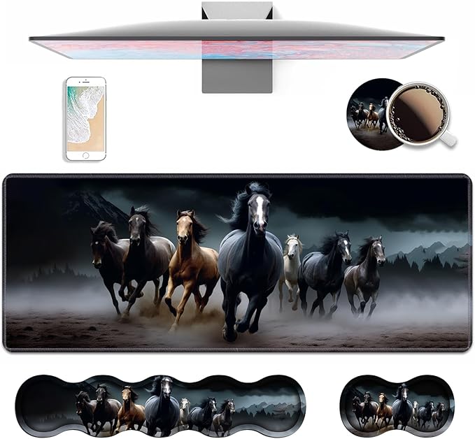 4 in 1 Ergonomic Keyboard Wrist Rest & Mouse Pad Wrist Rest Set, Large XXL Gaming Desk Mat 31.5"x 11.8" with Non-Slip Base, Memory Foam for Home Office Study Gaming, Running Horses