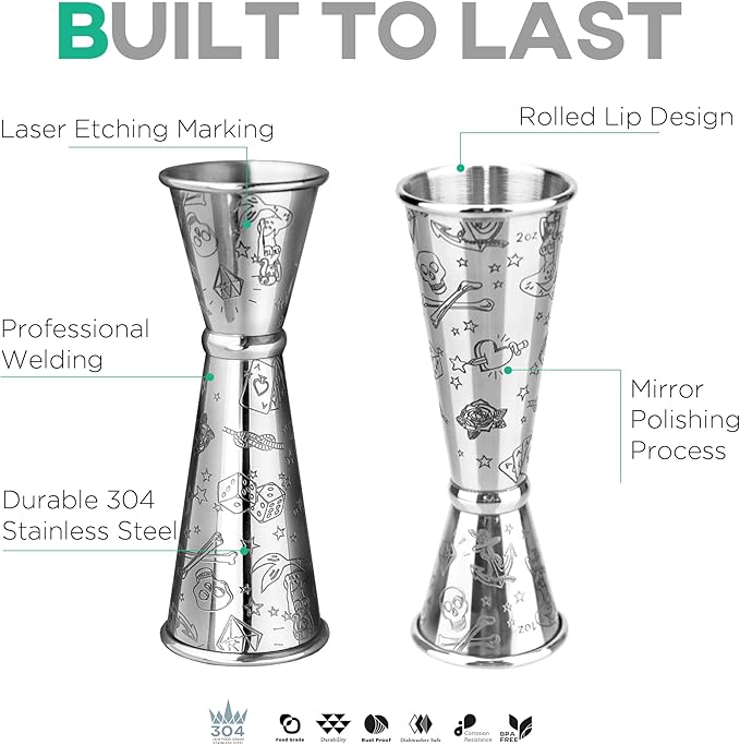 Homestia Jigger for Bartending with 1 Pourer, Japanese Jigger with Measurements Inside, Jigger 2oz 1oz, Shot Measure Jigger, Bar Jigger Bartender Tool Accessories (Silver)