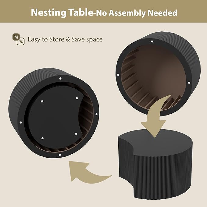 Round Coffee Table Set of 2, Modern Wooden Nesting Coffee Tables for Living Room, No Assembly Required Circle Side Table Set Accent Furniture for Bedroom, Balcony,Office, Black