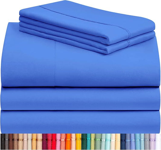 LuxClub 5 PC Sheet Set Bed Sheets Deep Pockets 16" Eco Friendly Wrinkle Free Cooling Machine Washable Hotel Bedding Silky Soft - Marine Blue Split King