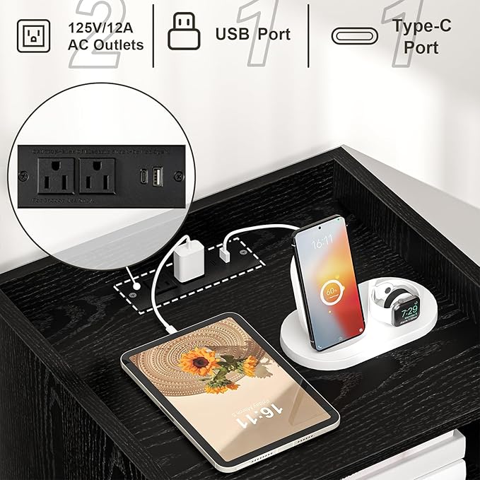 Rattan Nightstand with Charging Station, Mid Century Modern Bed Side Table with Drawer Open Shelf, Boho End Table with Solid Wood Legs,Bedside Tables for Kids' Room Farmhouse Bedroom Living Room Dorm