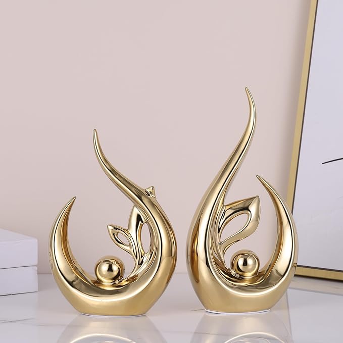 9.4" H Bright Gold Abstract Sculptures Home Decor, Ceramic Art Statue Cool Stuff to Put on Shelves&tv Stand Decor, Gold Accent Entertainment Center, for Fireplace Coffee Table Dining Table Decorate