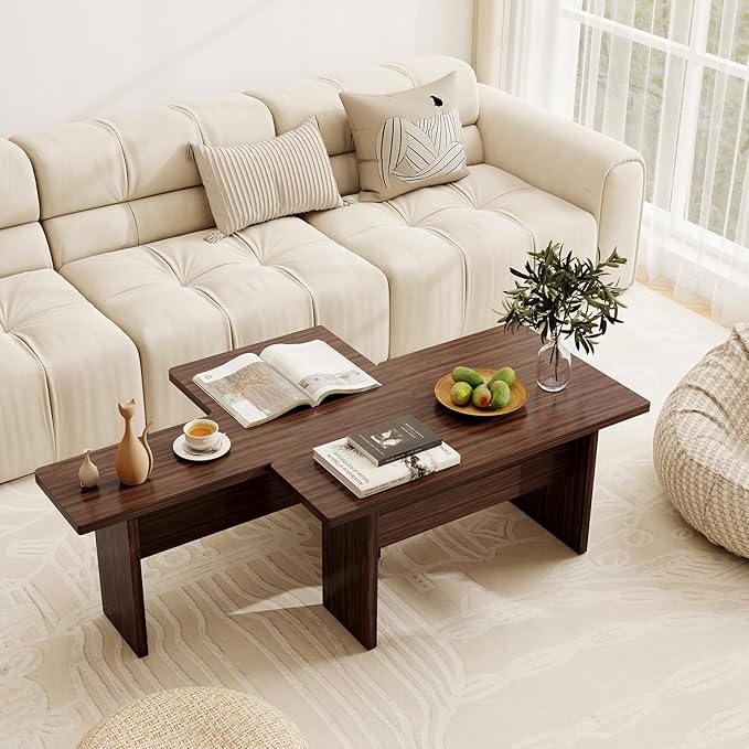 Giantex L-Shaped Coffee Table Set of 2, Modular Nesting Center Table with Grain Finish, Mid Century Modern Living Room Tables for Small Spaces Apartment (Walnut)