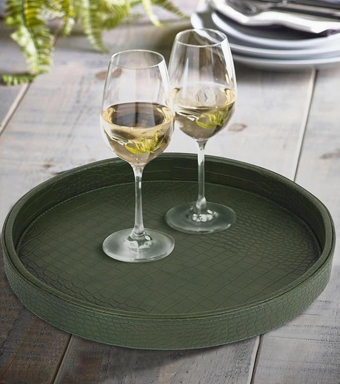 HofferRuffer Faux Leather Round Serving Tray, Vegan Croco Leather Decorative Tray, Food Tray for Storage Drinks, Snack & Cosmetics, Dia.12'' x 1.6'' (Green)