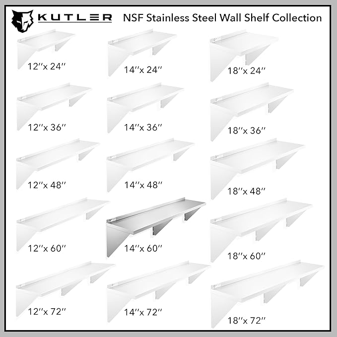 KUTLER Stainless Steel Shelf - 14" x 60", NSF Commercial Wall Mount Shelves with Backsplash, Floating Metal Shelving for Restaurant, Kitchen, Home
