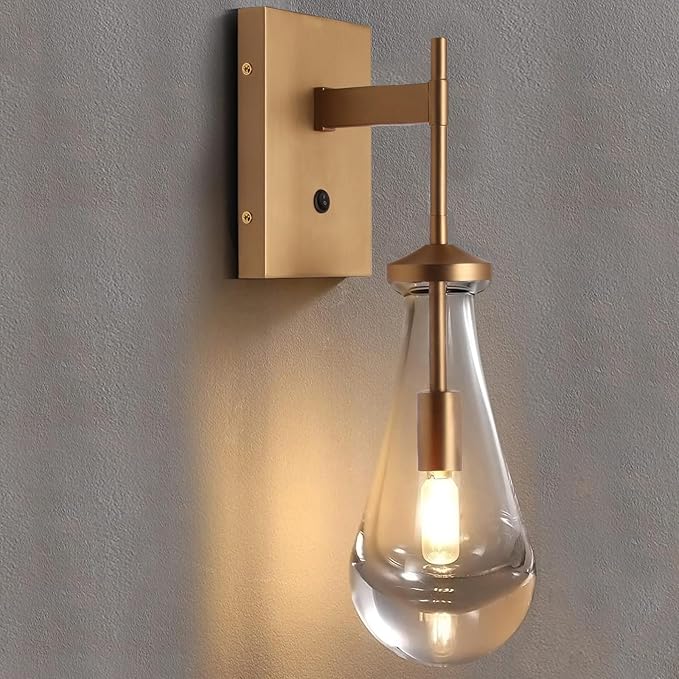 HuisMier Raindrop Wall Sconces, Brushed Brass Glass Wall Sconce with On Off Switch, Modern Wall Light Fixtures Bathroom Wall Lamp for Bedroom Living Room Vanity Hallway