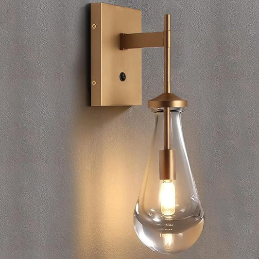 HuisMier Raindrop Wall Sconces, Brushed Brass Glass Wall Sconce with On Off Switch, Modern Wall Light Fixtures Bathroom Wall Lamp for Bedroom Living Room Vanity Hallway