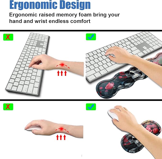 4 in 1 Ergonomic Memory Foam Mouse Pad Wrist Rest Set, Large XXL Gaming Desk Pad + Keyboard Wrist Rest + Mouse Wrist Cushion + Coaster for Home Office Study Gaming, Skull Roses