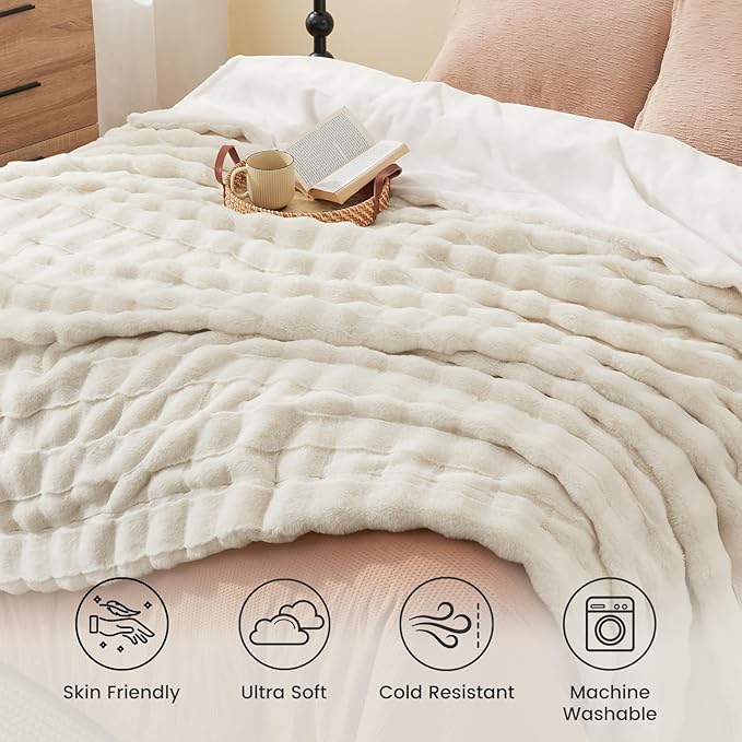 Cozy Bliss Fluffy Faux Fur Blanket King Size for Bed, Fuzzy Soft Striped Plush Blanket, Thick Throw for Bedroom Couch Gift, 108x90 Inches Cream White