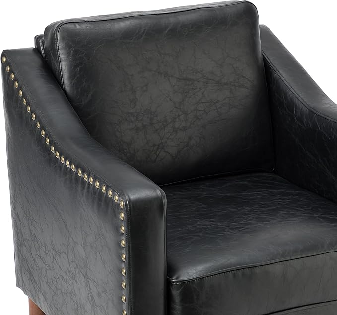 HULALA HOME Faux Leather Accent Armchair with Back & Seat Cushions, Traditional Club Chair with Nailhead Trim, Comfy Upholstered Sofa Chair for Bedroom & Living Room, Black