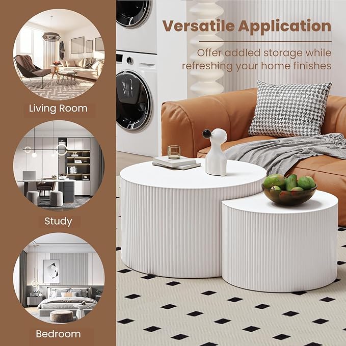 Round Nesting Coffee Table Wood Drum Nesting Tables Modern Stacking Coffee Table Set of 2 Fluted Center Table End Table for Living Room Home Office Small Spaces, No Assembling (White Large)