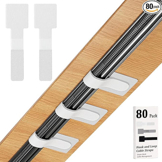 80PCS Hook and Loop Cable Straps, Cable Management Under Desk, Self Adhesive Cable Ties, Reusable Wire Organizers for Cords, Adjustable Cord Organizers for Desk, Home Office Essentials, White