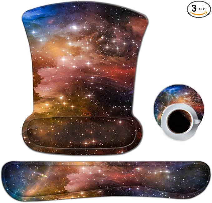 AIMSA Wrist Rest Support Mouse Pad Ergonomic, Memory Foam Keyboard Wrist Rest Set Non-Slip Easy Typing and Relieve Wrist Pain Mouse Mat for Computer Office -Colorful Galaxy Nebula