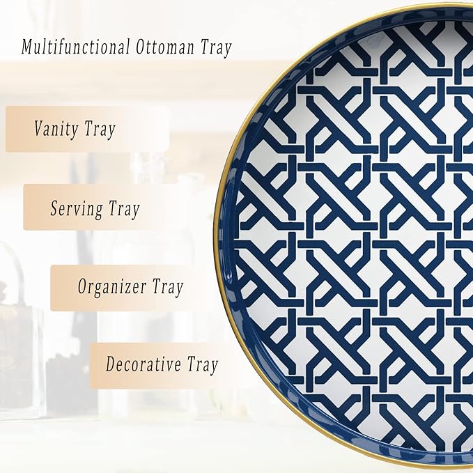 Spsyrine Round Decorative Tray, Plastic Serving Table Tray with Handles for Breakfast, Modern Ottoman Tray for Coffee Table, Bathroom, Kitchen, Living Room, White