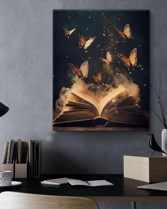 Aesthetic Book Butterflies Wall Art Decor Vintage Dark Academia Canvas Print Poster Framed Picture Painting for Home Reading Corner Library Decor 8x10 Inch, Gifts for Book Lovers Bookworms