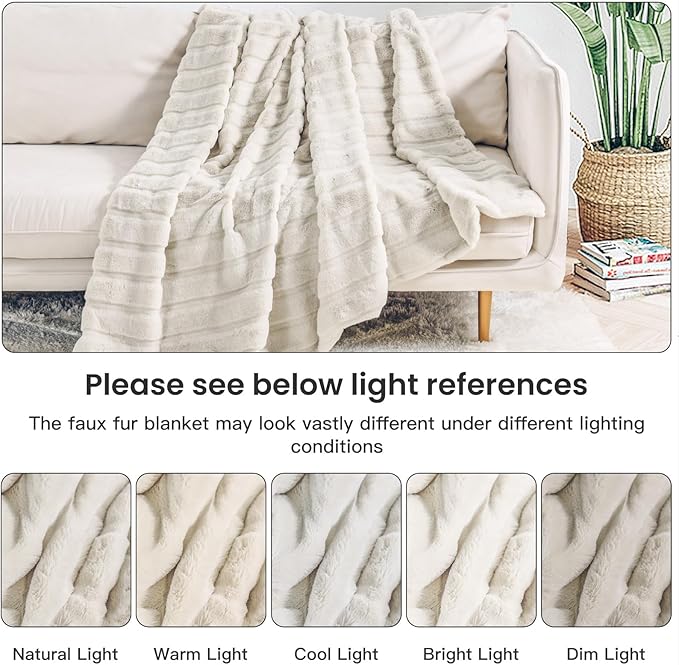 NEXHOME PRO Faux Fur Throw Blanket, Cozy Fluffy Soft Blanket or Couch Sofa Bed Living Room Decorative, Reversible Puffy Thick Warm Blanket for Winter 60"X80" Beige