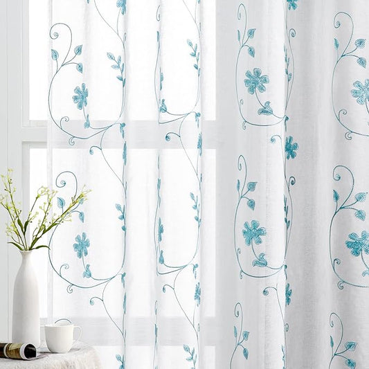 HOMEIDEAS White and Blue Embroidered Floral Sheer Curtains 84 Inches Long 2 Panels Flower Pattern Semi Sheer Window Curtains for Bedroom Living Room