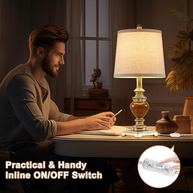 21'' Small Table Lamps for Bedroom Set of 2 Rustic Farmhouse Bedside Nightstand Lamps Traditional Side Table Lamps for Living Room Kids Home Office, Wooden Finish, Gold, Bulbs Not Include