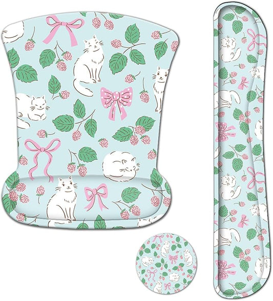 AIMSA Ergonomic Keyboard Wrist Rest and Mouse Pad with Wrist Support, Cute Memory Foam Mousepad Set for Computer, Laptop, Gaming and Office, Easy Typing, Pain Relief,Pink Bows