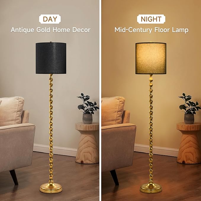 64.5" Gold Floor Lamp with Black Lampshade, Black Gold Floor Lamp for Living Room, Golden Bamboo Standing Lamps for Bedroom, Antique Brass Standing Lamps Tall Skinny for Home Office, Corner