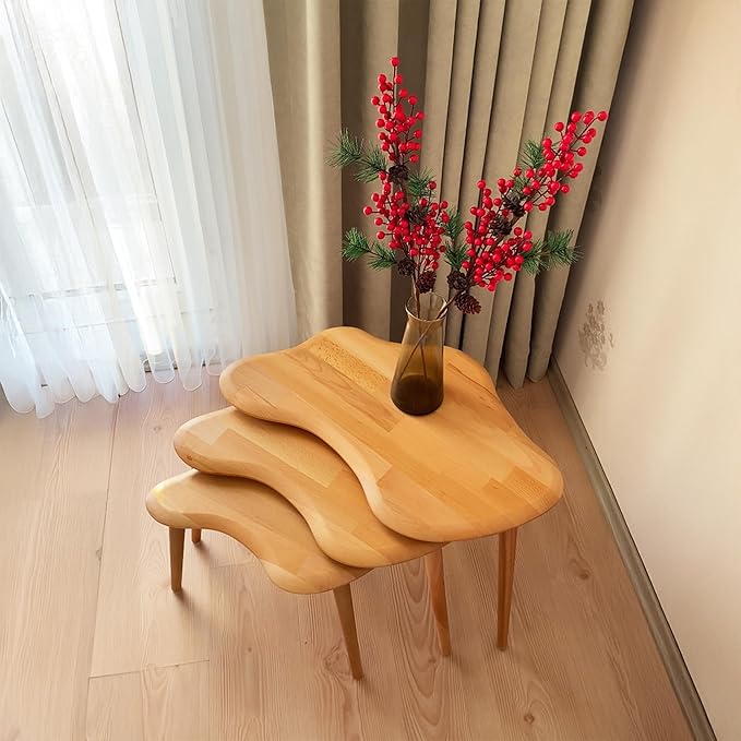 Nesting Coffee Tables, End Tables Set of 3 for Living Room Bedroom, Solid Wood Small Side Tables for Couch, Rustic Mid Century Modern Wooden Asymmetrical Table with Tapered Legs