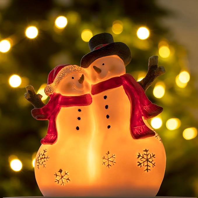 Christmas Decor Snowman Figurines Resin Lighted Indoor Ornaments Holiday Tree Festive Decorations Light Up New Year Gift Decoration for Table (Snowman Couple)