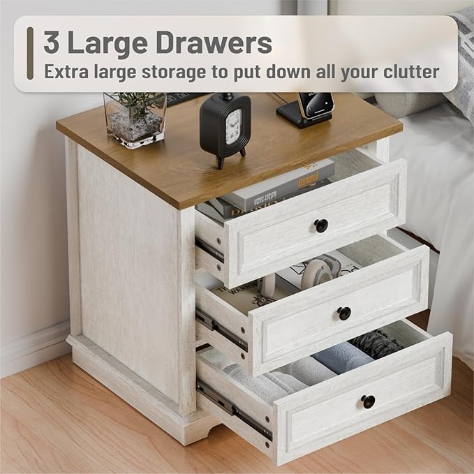 Nightstand with Charging Station, 24” Wide End Table with 3 Drawers, Modern Bedside Table with Storage, Wood Small Dresser for Bedroom Living Room. (White)