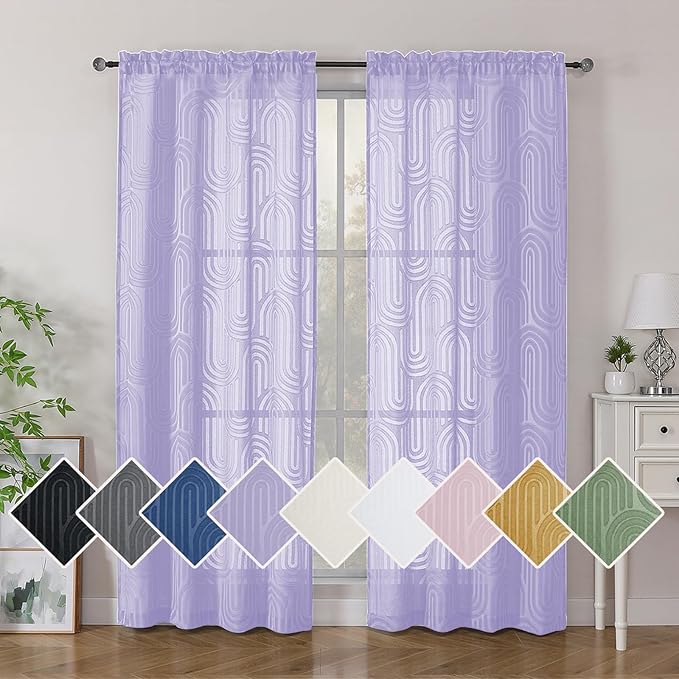 Simplebrand Sheer Lavender Curtains 72 Inches Long 2 Panels for Window, Geometric Mid Century Light Filtering Semi Sheer Curtains for Front Back Patio Glass Door with Rod Pocket, 42" Wx72 L