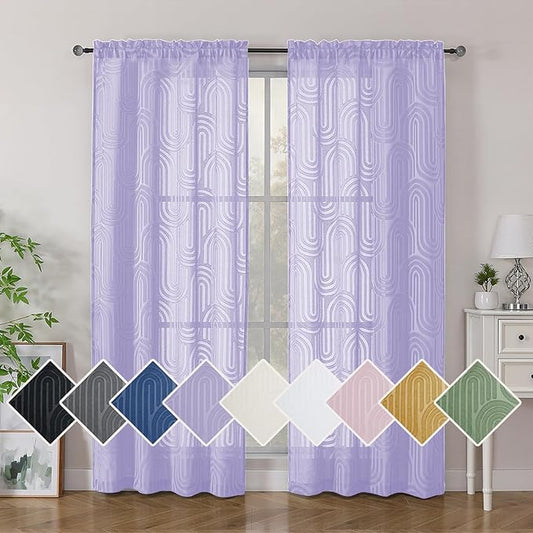 Simplebrand Sheer Lavender Curtains 72 Inches Long 2 Panels for Window, Geometric Mid Century Light Filtering Semi Sheer Curtains for Front Back Patio Glass Door with Rod Pocket, 42" Wx72 L