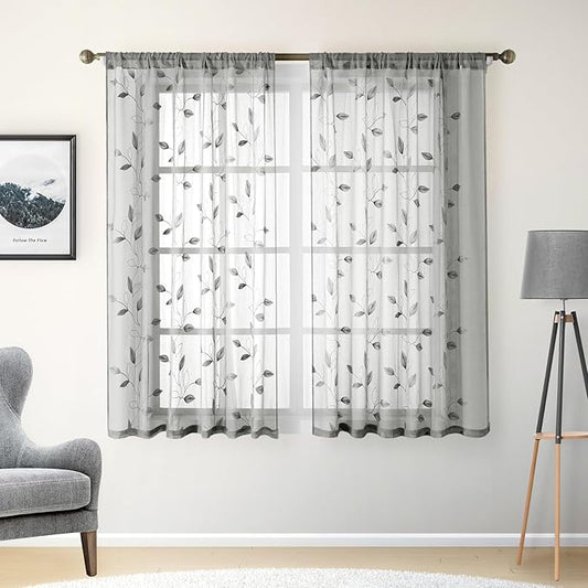 HOMEIDEAS Grey/Gray Sheer Kitchen Curtains 52 x 45 Inch Length 2 Panels Embroidered Leaf Pattern Short Curtains for Bedroom Half Small Window Rod Pocket Tiers