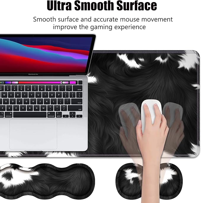 4 in 1 Ergonomic Memory Foam Mouse Pad Wrist Rest Set, Large XXL Gaming Desk Pad + Keyboard Wrist Rest + Mouse Wrist Cushion + Coaster for Home Office Study Gaming, Black and White Cow Print