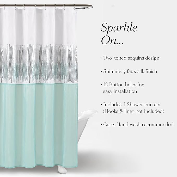 Lush Decor Night Sky Shower Curtain, Single, 72" W x 72" L, White & Blue - Sequin Shower Curtain - Sparkly Color Block Bath Curtain - Modern Glam Bathroom Decor
