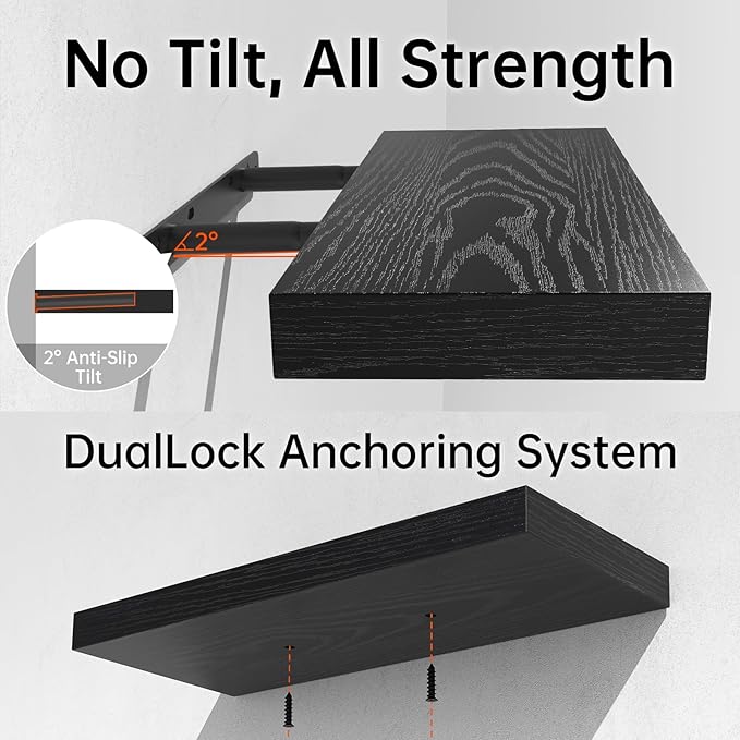 BAYKA Floating Shelves, 48 inch Wall Mounted Rustic Wood Shelves for Bathroom, Bedroom, Living Room, Kitchen, Office, Hanging Shelf for Books/Storage/Decor(Black,Set of 2)