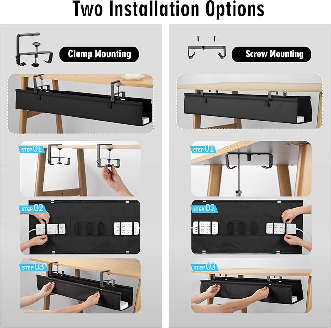 No Drill Large Under Desk Cable Management Tray, Fabric Cord Hider for Wire Organizer, Clamp/Screw Mount Cord Organizer, Standing Desk Cable Management for Office Home (36 INCH)