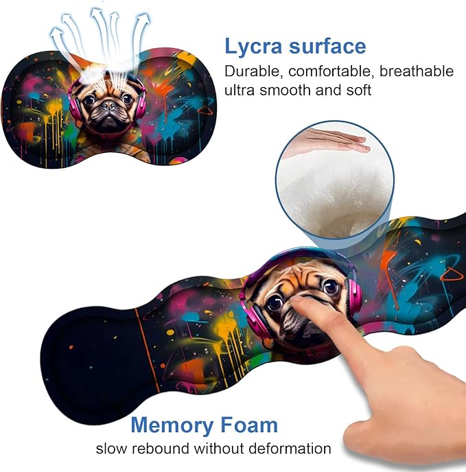 4 in 1 Ergonomic Memory Foam Mouse Pad Wrist Rest Set, Large XXL Gaming Desk Pad + Keyboard Wrist Rest + Mouse Wrist Cushion + Coaster for Home Office Study Gaming, Cute Pug with Headphones