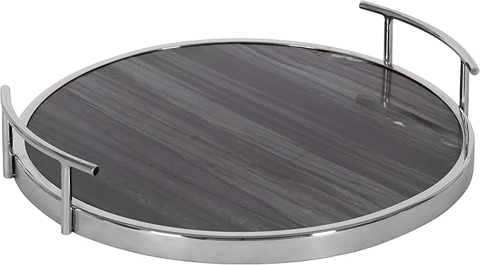 Kate and Laurel Marbury Modern Round Tray, 15 x 14 x 3, Gray Marble and Silver, Contemporary Marble Tray for Storage and Display
