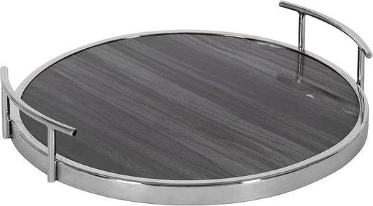 Kate and Laurel Marbury Modern Round Tray, 15 x 14 x 3, Gray Marble and Silver, Contemporary Marble Tray for Storage and Display
