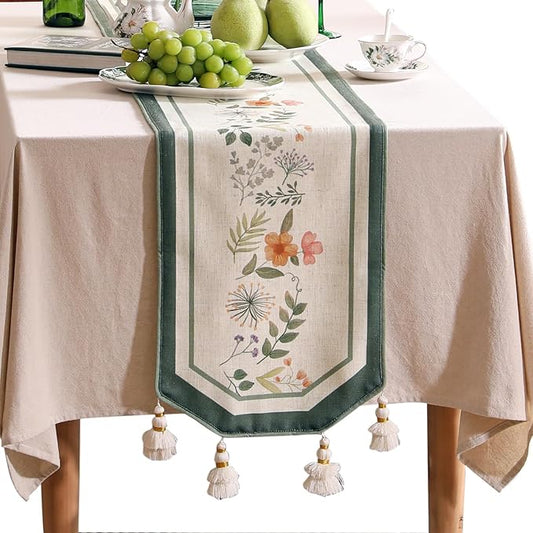 Designer Linen Table Runner,French Farmhouse Shabby Chic Floral Pattern 87 Inches Long Wrinkle Free Table Runners,Decor Tabletop for Kitchen,Dining,Party,Home,Christmas,12"*87"