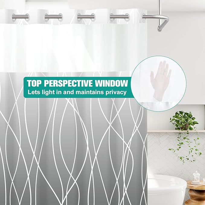 No Hook Ombre Grey Striped Stall Shower Curtain with Snap in Liner Set - Hotel Shower Curtain and Liner Set with See Through Mesh Top Window,Machine Washable, 54x80 INCH