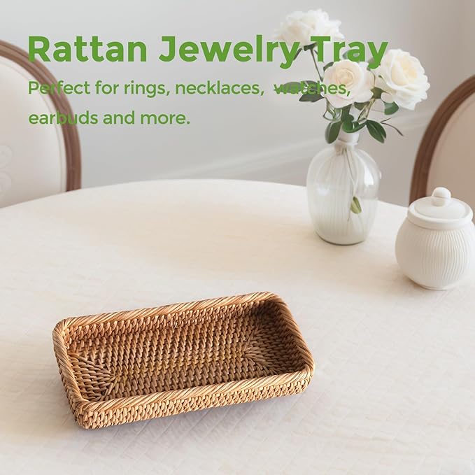 Small Rattan Serving Tray, Natural Wicker Decorative Tray for Trinket Ring Cosmetic, Rectangular Keys Basket Jewelry Perfume Trays for Coffee Table Entryway Living Room(10" × 5.1")